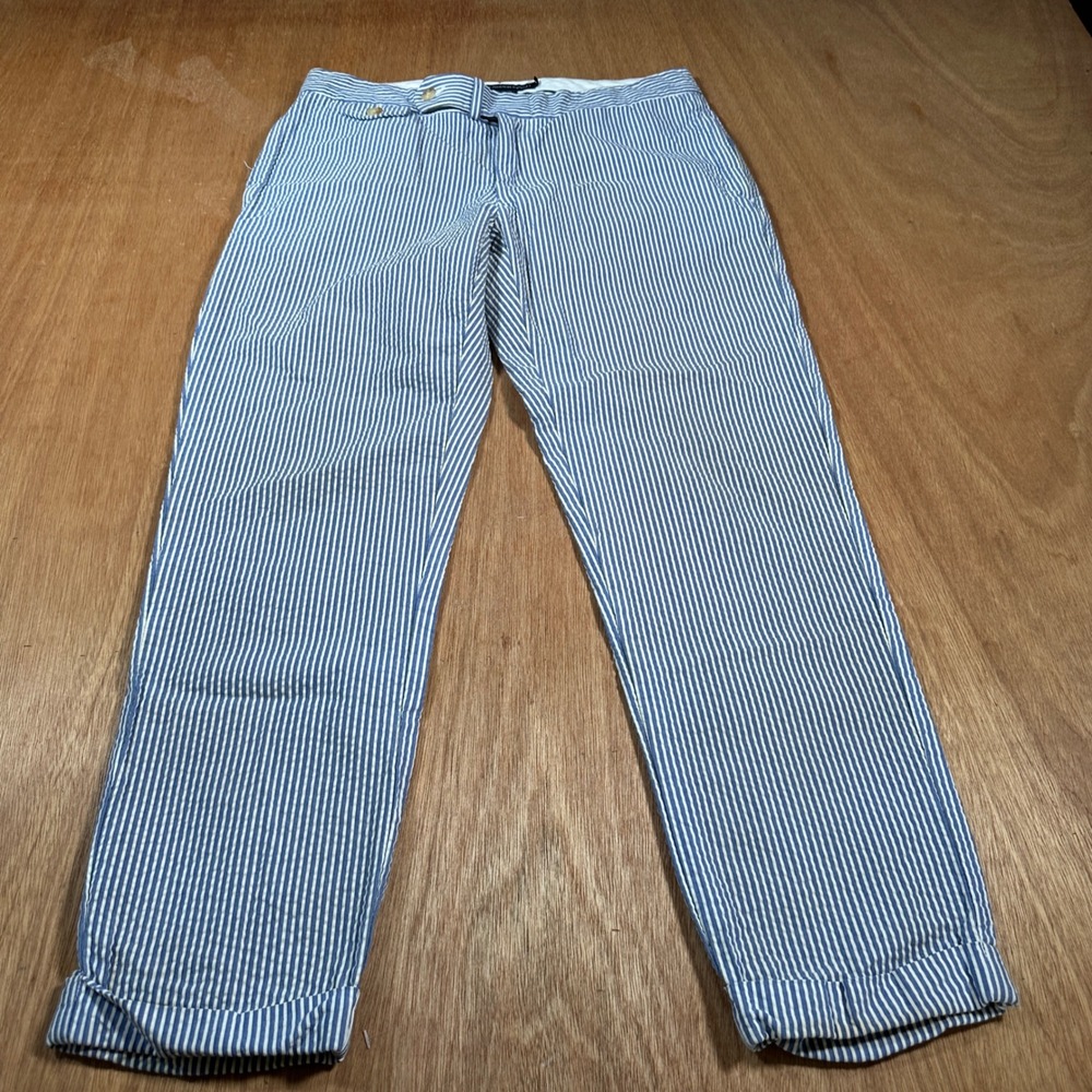 Ralph Lauren Sport Pants Womens 8 Blue White Seersucker Striped Cuffed Preppy